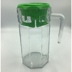 Vintage Pasabahce Turkey Clear Glass Pitcher with Green Lid 7 Sides 9"